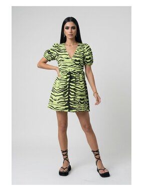NWT ASOS DESIGN Petite Lime Green Zebra Print Wrap Dress Women's 00P